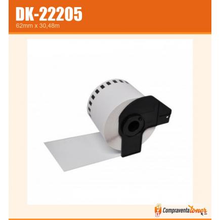 Compatible Brother DK22205 (DK-22205) Etiquetas de Tamaño personalizado - Ancho 62mm x 30,48 metros - Texto negro sobre fondo blanco