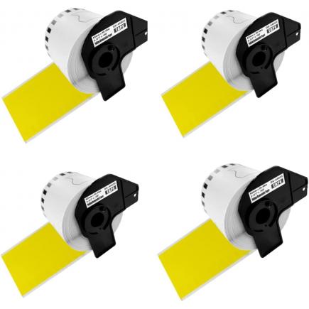 Pack 4x Compatible Brother DK44605 (DK-44605) Etiquetas Removibles de Tamaño personalizado - Ancho 62mm x 30,48 metros - Texto negro sobre fondo amarillo