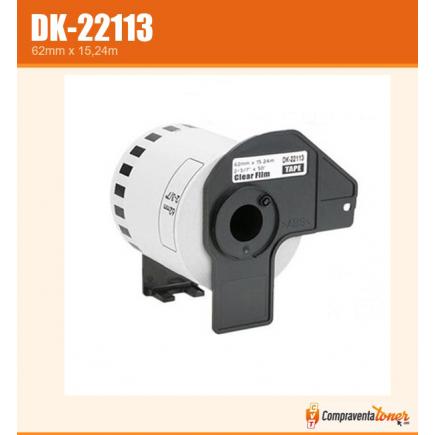 Compatible Brother DK22113 (DK-22113) Etiquetas de Tamaño personalizado - Ancho 62mm x 15,24 metros - Texto negro sobre fondo transparente