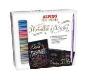 Alpino Color Experience Kit de Iniciacion al Lettering con 12 Rotuladores Metalicos de Doble Punta, Punta Fina y Punta Pincel + 1 Bloc de Papel Negro Especial Lettering + 1 Guia con 20 Patrones - Colores Surtidos