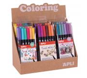 Apli Coloring Brush Markers - Expositor con 8 Packs Surtidos - Doble Punta de Nylon Tipo Pincel de 1-4 mm y Punta Redonda de 1 mm - Acuarelables y Multifuncionales