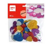 Apli Formas de Corazones Adhesivas de Goma Eva - 50 Formas - Medidas Surtidas - Material Suave y Seguro - Colores Surtidos Purpurina