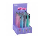 Apli Glitter Expositor de 20 Boligrafos de Metal - Tinta de Aceite - Secado Rapido - Punta 1mm - Colores Surtidos