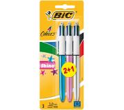 Bic 4 Colours Shine 2+1 Pack de 3 Boligrafos de Bola Retractil - Punta Media de 1.0mm - Tinta con Base de Aceite - Cuerpo de Colores Metalicos Surtidos - 4 Colores