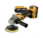 Blim Radial a Bateria 115mm 20V 4Ah + Kit de Pulido - Motor sin Escobillas - Velocidad 1000/3000/4500/8500rpm - Agarre Ergonomico - Incluye 2 Baterias y Maletin de Transporte