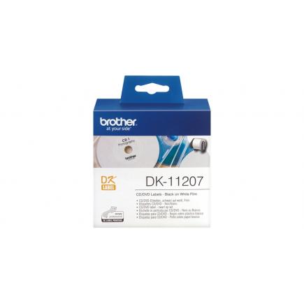 Brother DK11207 - Etiquetas Originales Precortadas Circulares para CD/DVD - 58 mm de Diametro - 100 Unidades - Texto negro sobre fondo blanco