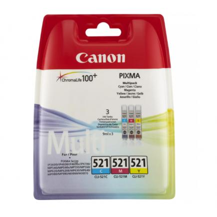 Canon CLI521 Pack de 3 Cartuchos de Tinta Originales - Cian, Magenta, Amarillo - 2934B010