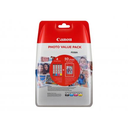 Canon CLI571 Pack de 4 Cartuchos de Tinta Originales - 50 Hojas de Papel Fotografico - 0386C006