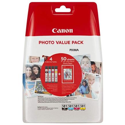 Canon CLI581 Pack de 4 Cartuchos de Tinta Originales - 50 Hojas de Papel Fotografico - 2106C005