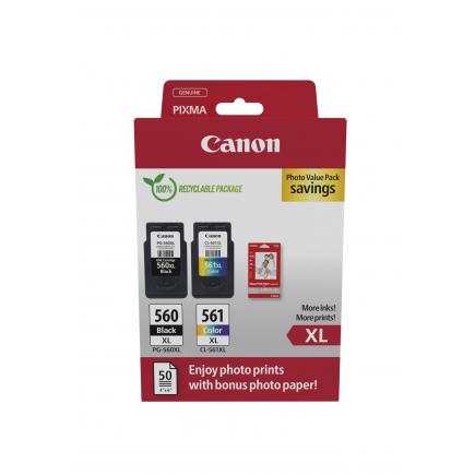 Canon Ecopack PG560XL Negro + CL561XL Color Pack de 2 Cartuchos de Tinta Originales - 50 Hojas de Papel Fotografico - 3712C008