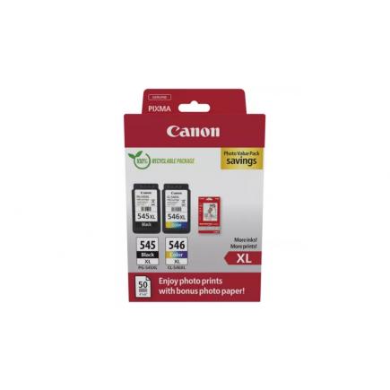 Canon PG545XL Negro + CL546XL Color Pack de 2 Cartuchos de Tinta Originales - 50 Hojas de Papel Fotografico - 8286B011