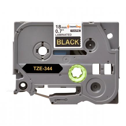 Compatible Brother TZe344 (TZ-344) Cinta Laminada de Etiquetas - Texto dorado sobre fondo negro - Ancho 18mm x 8 metros