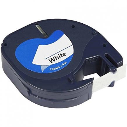 Compatible Dymo Letratag S0721510 Cinta de Etiquetas para Rotuladora - Texto negro sobre fondo blanco - Ancho 12mm x 4 metros (91200)