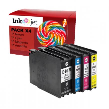 Compatible Pack 4 Epson T9071 / T9072 / T9073 / T9074 Cartuchos de Tinta Pigmentada para WorkForce Pro WF 6090, WF 6590