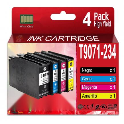 Compatible Pack 4 Epson T9071 / T9072 / T9073 / T9074 Cartuchos de Tinta Pigmentada para WorkForce Pro WF 6090, WF 6590