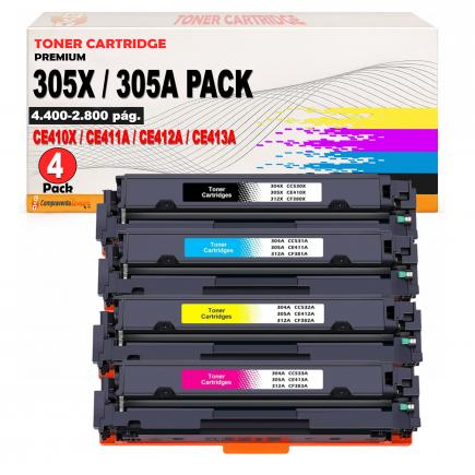 Compatible Pack 4 HP CE410X / CE411A / CE412A / CE413A Toner 305X / 305A para HP LaserJet Pro Color MFP M475, M451, M351, MFP M375