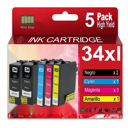 Compatible Pack 5 Epson T3471 / T3472 / T3473 / T3474 - 34XL Cartuchos de Tinta