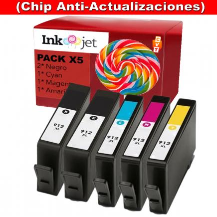 Compatible Pack 5 HP 912XL (Chip Anti-Actualizaciones) 2X Negro, Cyan, Magenta, Amarillo Cartuchos de Tinta