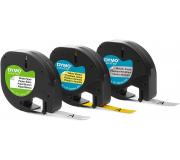 Dymo LetraTag S0721800 Pack de 3 Cintas de Etiquetas Originales para Rotuladora - Texto negro sobre fondo blanco, amarillo y metalico - Ancho 12mm x 4 metros (91241)