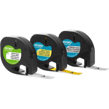 Dymo LetraTag S0721800 Pack de 3 Cintas de Etiquetas Originales para Rotuladora - Texto negro sobre fondo blanco, amarillo y metalico - Ancho 12mm x 4 metros (91241)