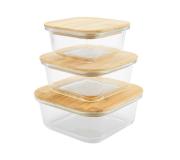 Jocca Set de 3 Recipientes de Cristal Borisilicato para Alimentos - Tapa de Bambu - Tamaños 320ml, 520ml y 800ml - Soportan Temperaturas desde -20ºC hasta 250ºC