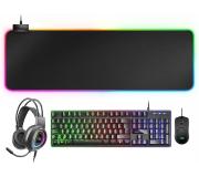 Mars Gaming Pack 4 en 1 USB con Iluminacion RGB Teclado Tecnologia Hibrida H-Mech, Antighosting + Raton 10000dpi + Auriculares con Microfono + Alfombrilla 800x300x4mm