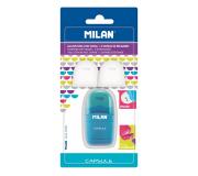 Milan Capsule Blister Afilaborras - Sacapuntas y Goma de Borrar + 2 Gomas de Borrar de Recambio - Cuchilla de Acero al Carbono - Para todo tipo de Lapices - Cuchilla de Seguridad - Colores Surtidos