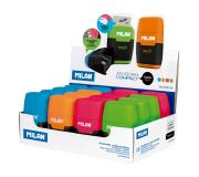 Milan Compact Fluo Expositor de 16 Afilaborras - Uso Estandar y Maxi - Cuchilla de Acero - Goma de Borrar - Cuchilla de Seguridad - Colores Surtidos