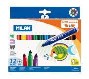 Milan Pack de 12 Rotuladores Super Lavables Maxi - Punta Conica 7.5mm - Tinta al Agua - Lavable - Colores Surtidos