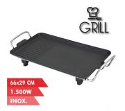 Muvip Plancha de Asar Electrica 1500W - 2 Zonas Lisa y Grill - Placa Antiadherente - Asas Tacto Frio - Termostato Extraible - Superficie 66x29cm