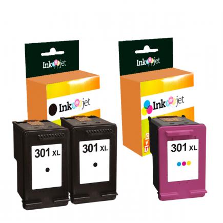 Compatible Pack HP 301XL V3 Negro X2 + HP 301XL Tricolor Cartuchos de Tinta