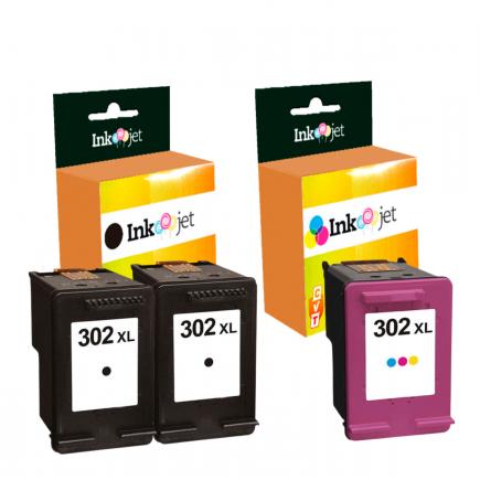 Compatible Pack HP 302XL V3 Negro X2 + HP 302XL Tricolor Cartuchos de Tinta