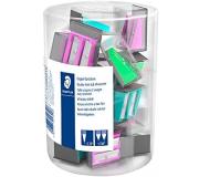 Staedtler Expositor con 18 Sacapuntas de Plastico - 2 Agujeros - Angulo de Afilado 23° y 30° - Colores Surtidos