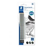 Staedtler Mars Lumograph Charcoal 100C Pack de 3 Lapices de Grafito + Difuminador - Alta Proporción de Carbon y Carboncillo - Graduaciones Surtidas