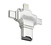 Tooq Lector de Tarjetas Micro SD con Conectores USB-A, Lightning, Micro-USB y USB-C - Color Plata